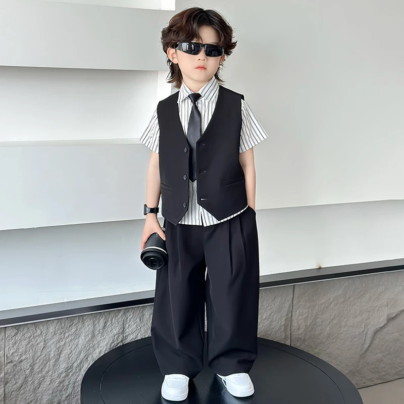 夏季男童西装礼服2025小少爷西服花童生日衣服六一儿童主持演出服