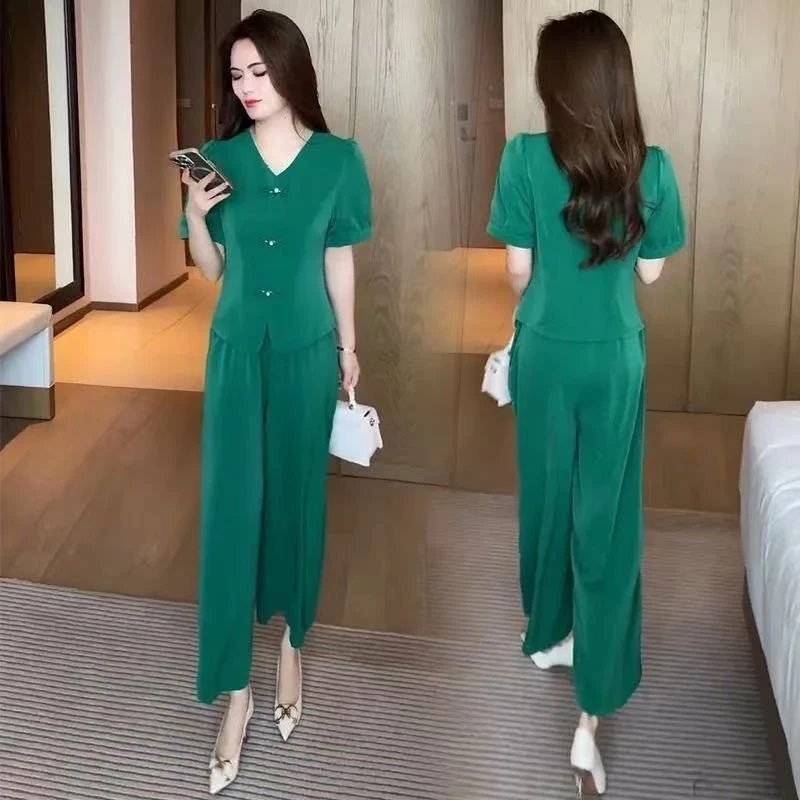 新中式时尚套装女2025夏季新款洋气显瘦盘扣短袖阔腿裤两件套2608