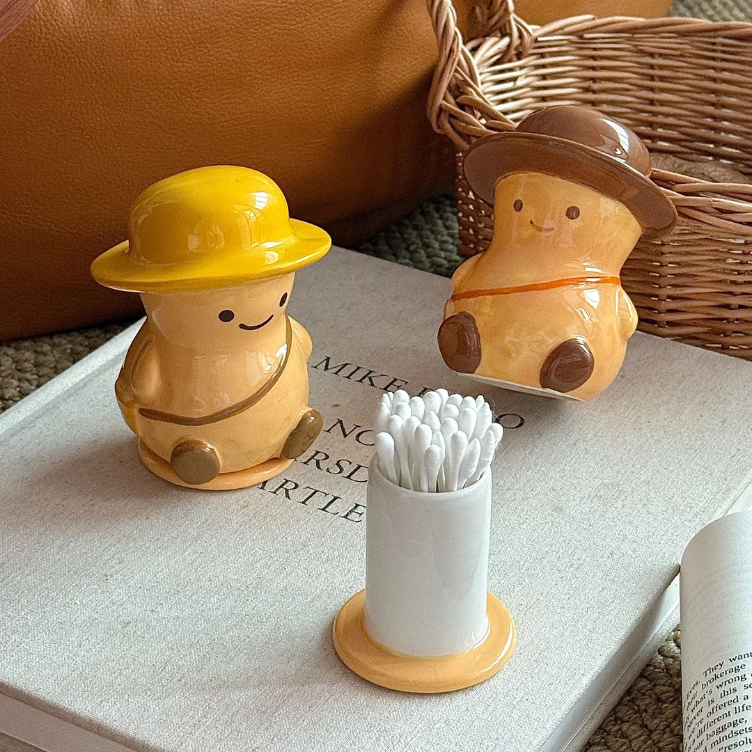 卡通创意花生陶瓷牙线收纳罐家用可爱便携牙签盒高颜值牙签盒摆件