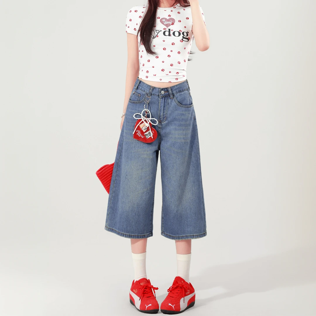 2025年夏季慵懒风美式七分牛仔裤女小个子薄款高腰宽松直筒阔腿裤