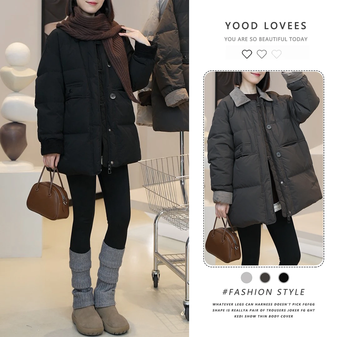 2025冬季新款时尚撞色翻领单排扣棉服女宽松加厚保暖中长款棉衣