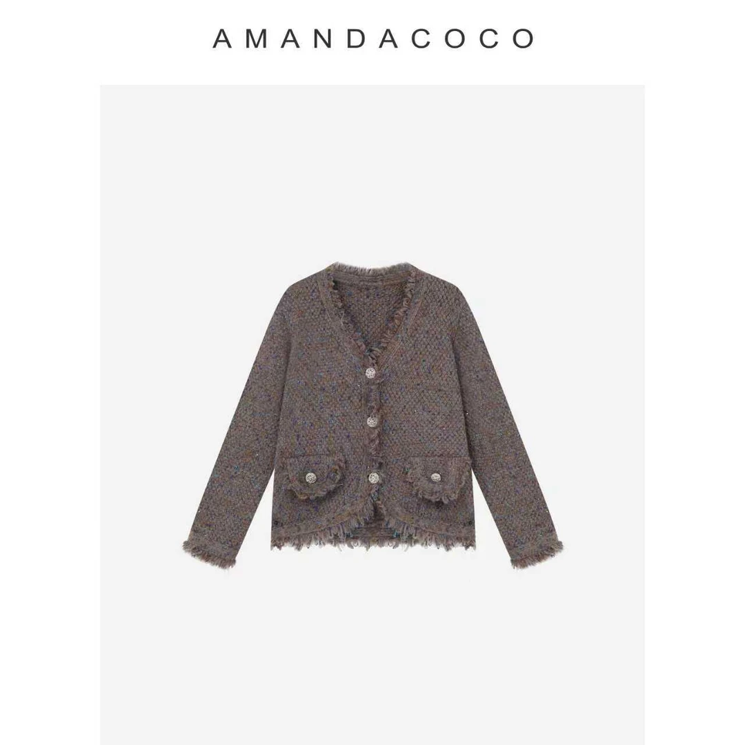 巴黎晚报～25秋冬法式设计感亮片v领毛边流苏针织外套