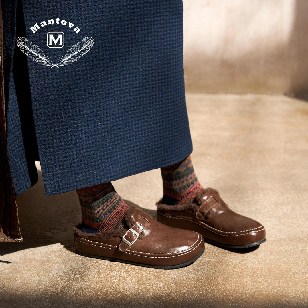 曼托瓦马皮加毛博肯女2025新款慵懒外穿羊毛包头真皮复古马皮女鞋