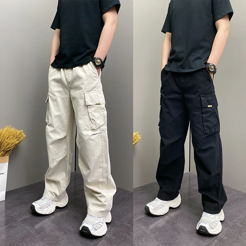 2025年秋季潮牌韩版纯色大口袋个性设计感直筒阔腿男士牛仔长裤子