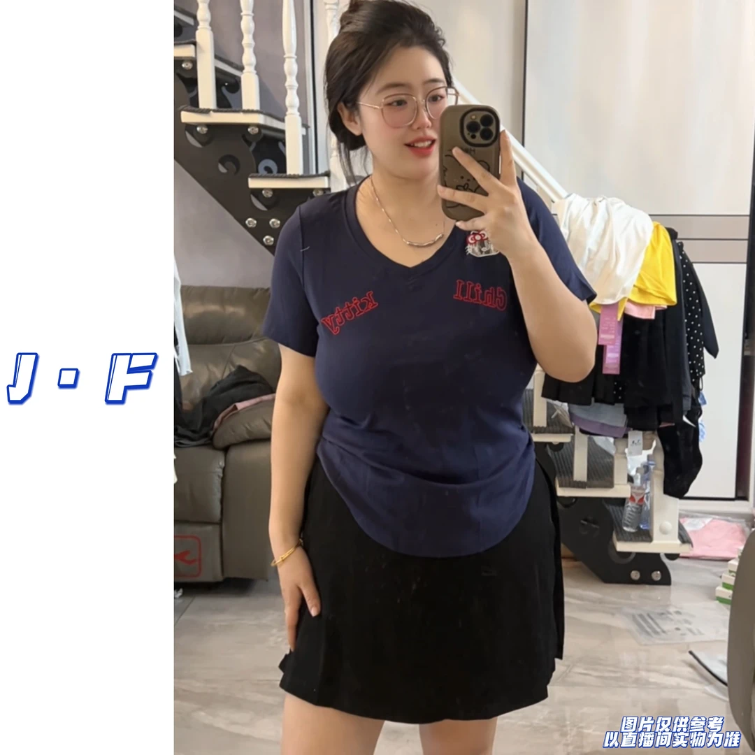 JF定制大码女装20802甜辣V领刺绣弹力紧身打底衫