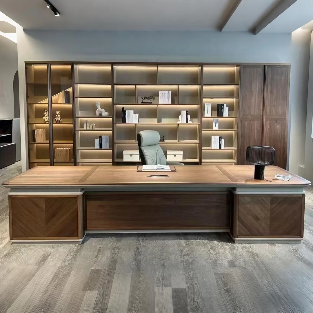 新中式实木大班台老板办公桌简约现代北美黑胡桃木总裁办公室家具