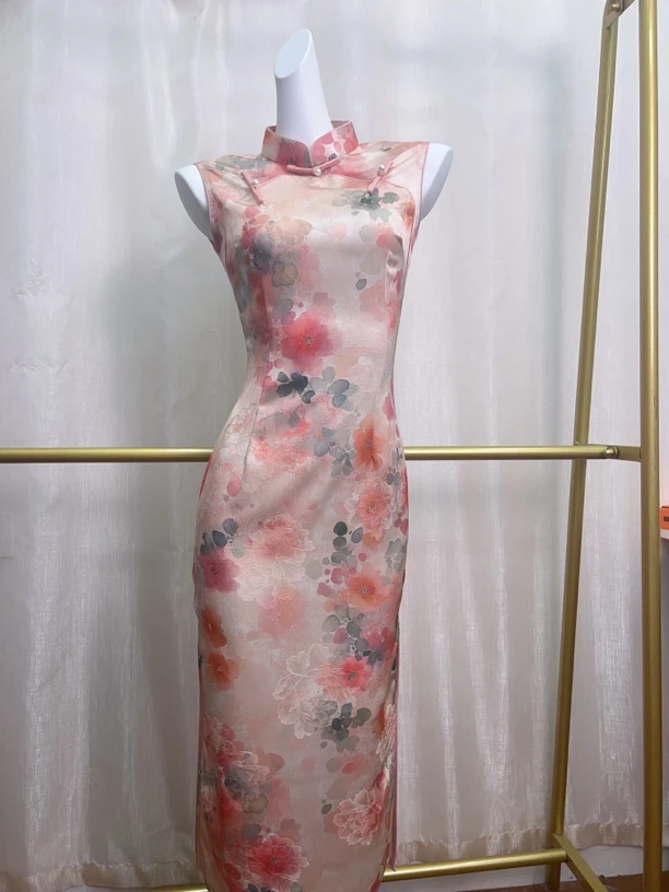 V-3177 朝花夕拾 桑波段 无袖 夏款年轻款改良旗袍120cm长款