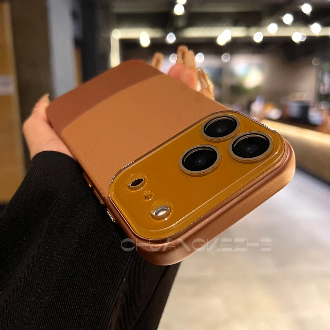 创壳者适用苹果17Promax手机壳皮纹拼接简约iPhone16/15水晶镜头