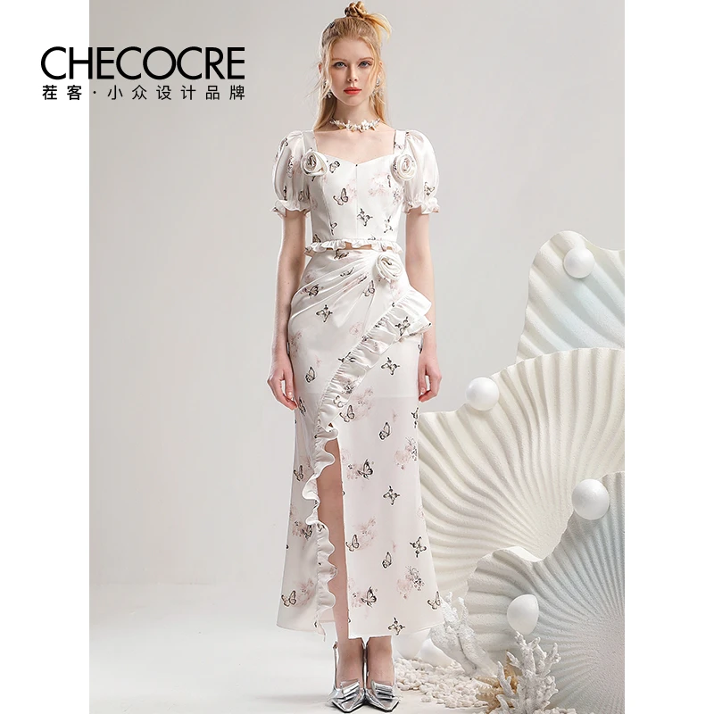 茬客浪漫时尚套装裙夏季立体花装饰白色印花短袖半身裙CM10339AB