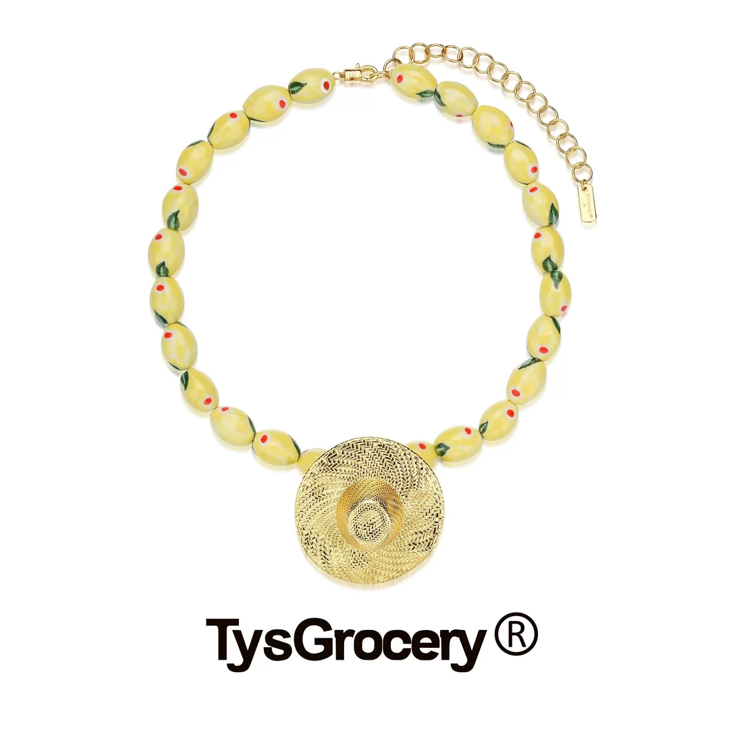 黄铜陶瓷项链 TysGrocery 25 柠檬与农夫帽手绘陶瓷项链