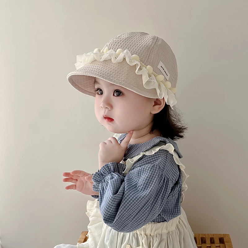 韩系甜美蕾丝边儿童帽子春秋季遮阳防风大檐鸭舌帽女宝宝棒球帽冬