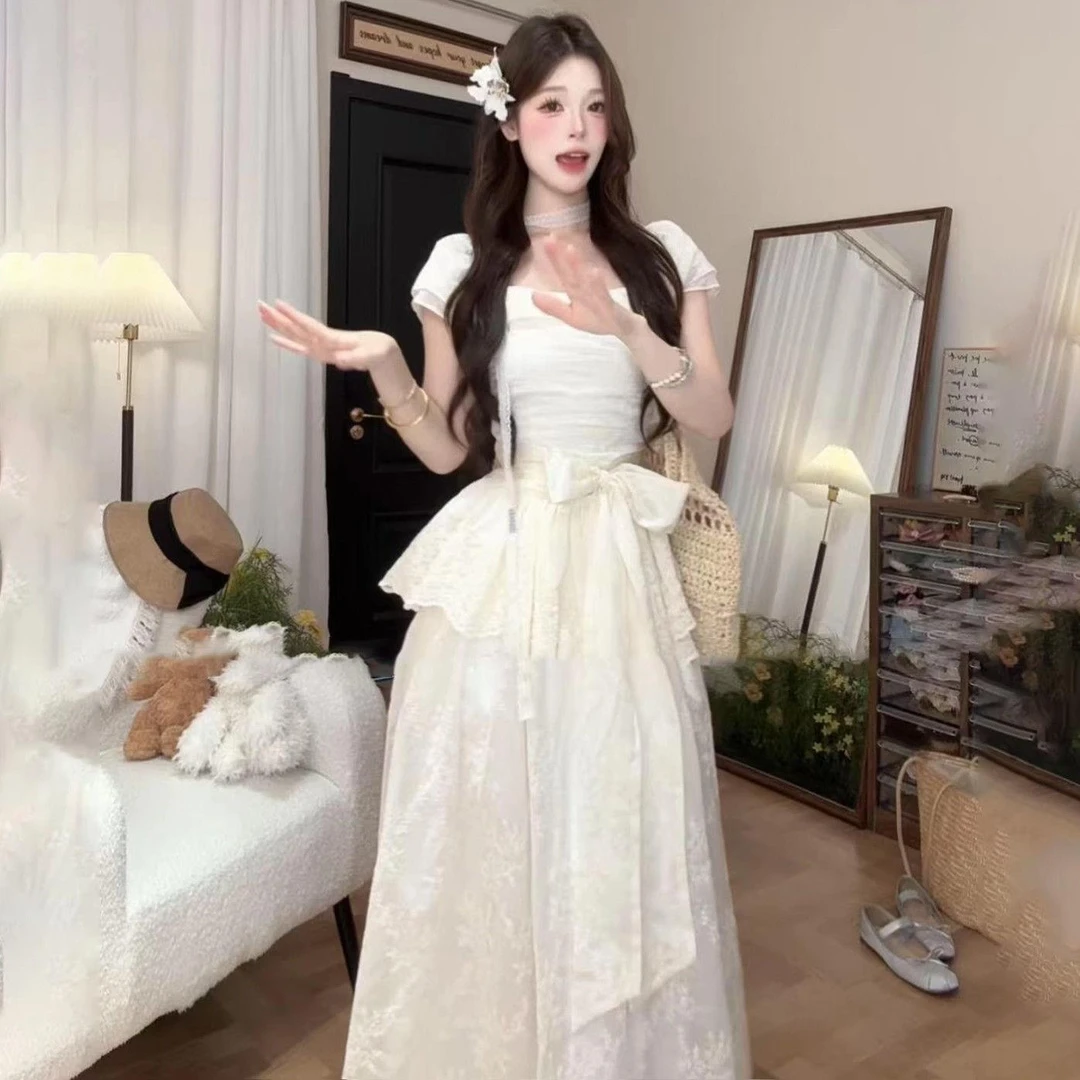 夏季新款法式温柔初恋甜美风蝴蝶结长裙收腰气质连衣裙