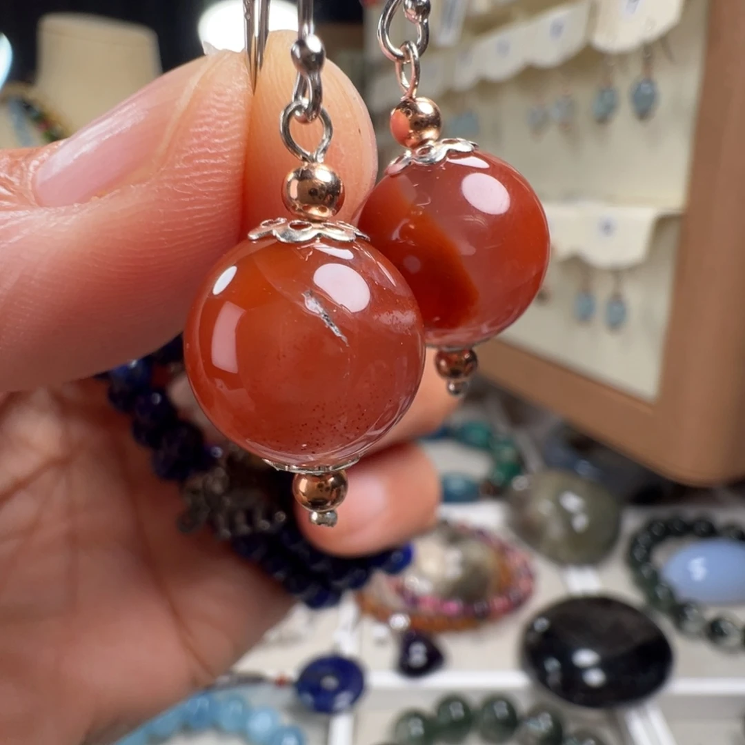 南红玛瑙银S925镶嵌耳饰天然南红玛瑙