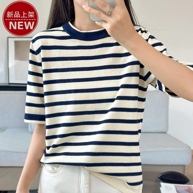 2025夏季新款时尚圆领简约条纹气质短袖宽松显瘦休闲纯棉针织衫女