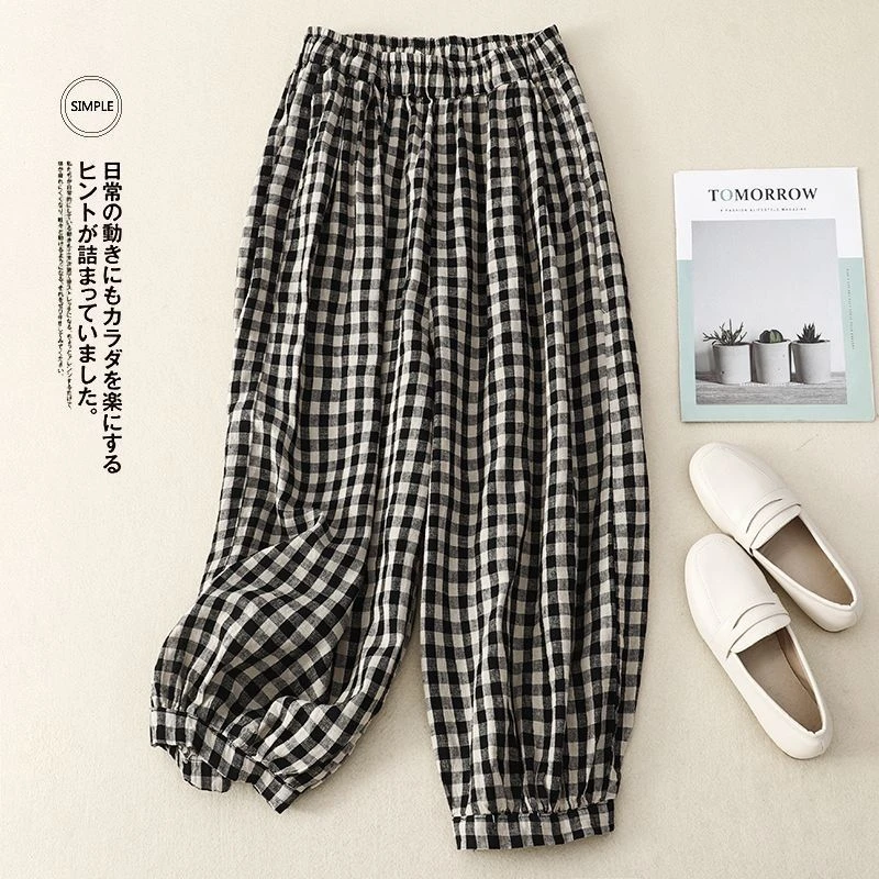 剪标外贸法国原单女装复古格子灯笼裤宽松休闲垂感棉麻窄版阔腿裤