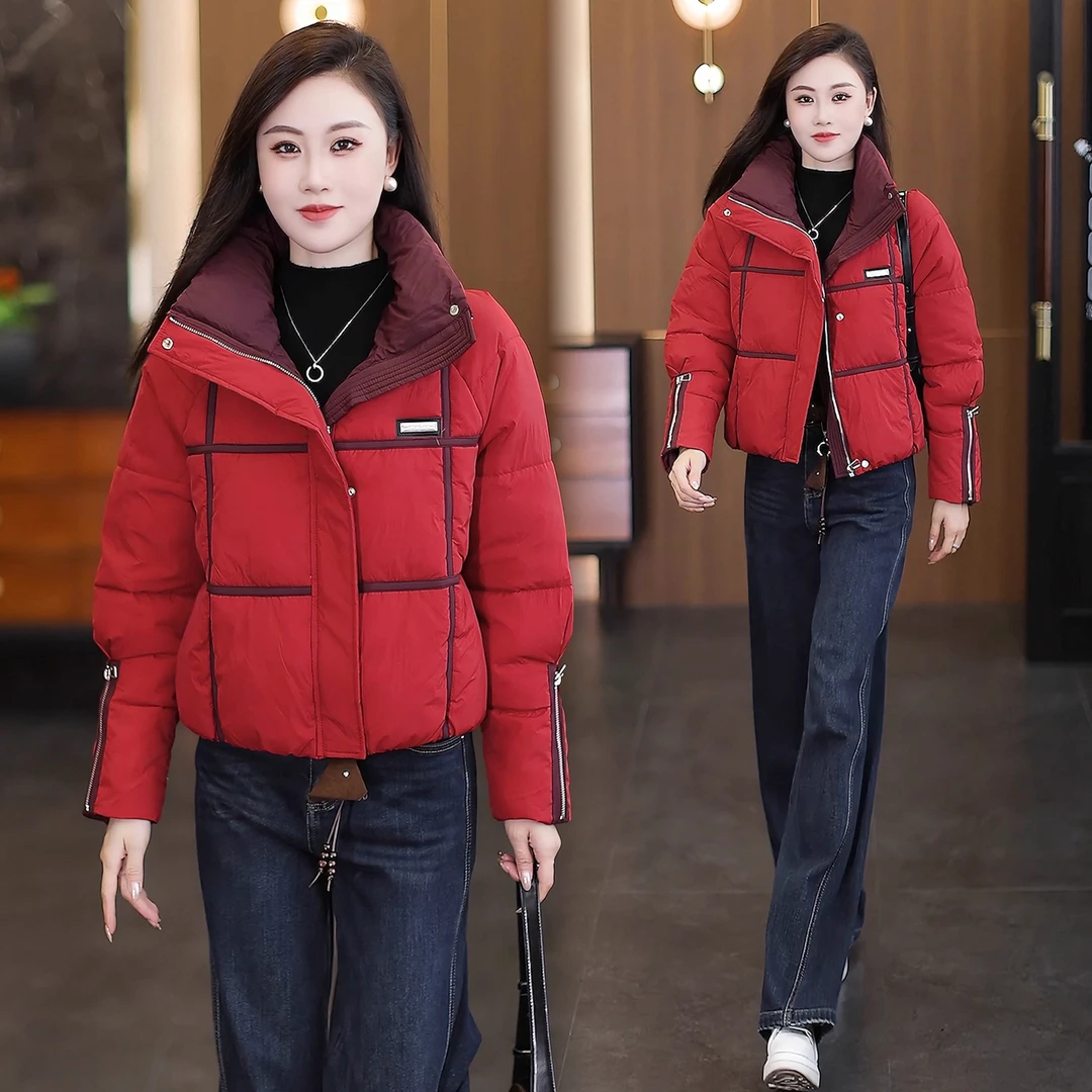 时尚短款撞色棉服外套女2025冬季新款时髦洋气小个子加厚保暖棉袄