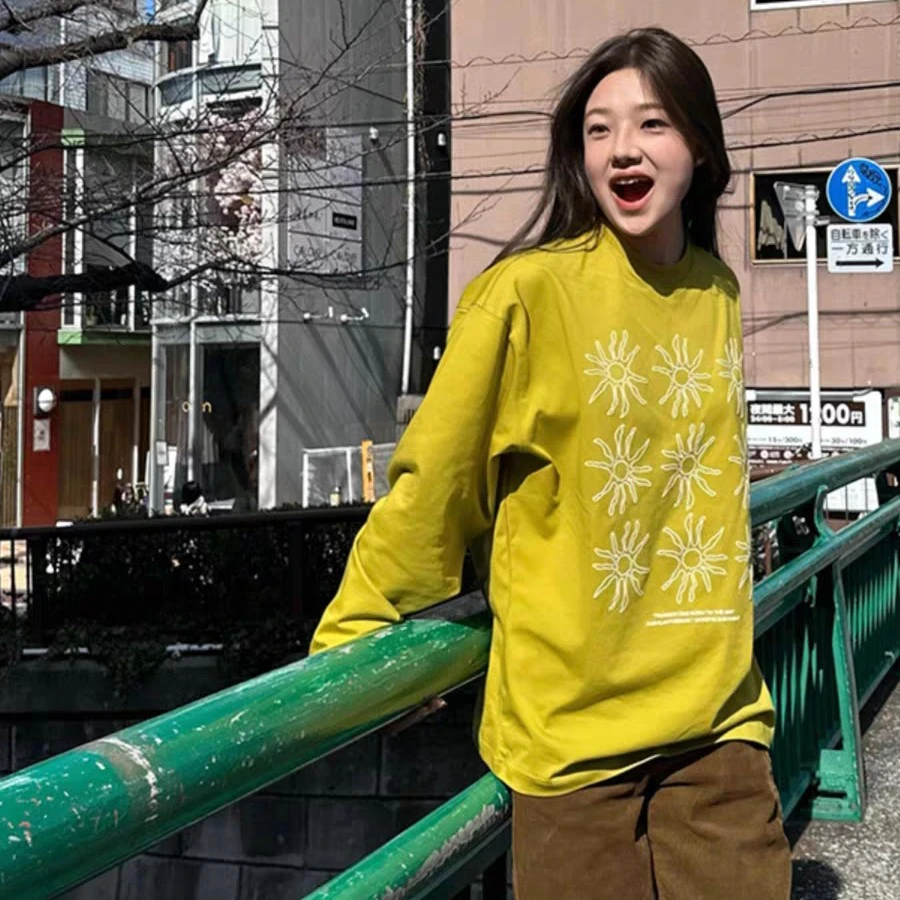 （运补6）韩系宽松发泡太阳印花长袖T恤女春季复古慵懒百搭休闲上衣