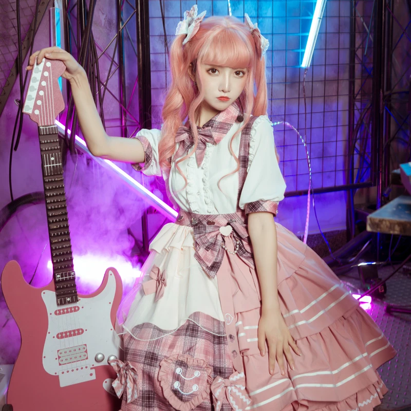 甜心偶像lolita打歌服背带格子日系演唱会舞台半身裙套装
