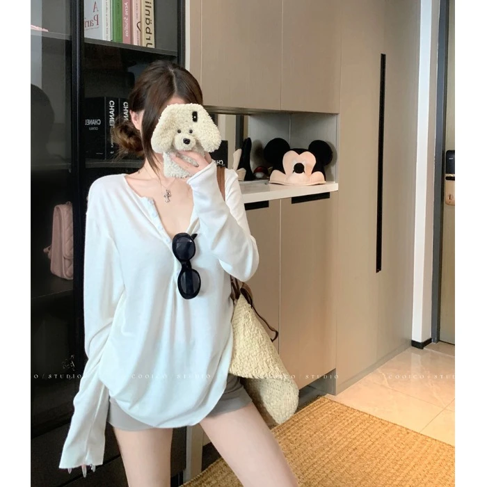 白色慵懒风长袖宽松T恤女秋季休闲薄款防晒罩衫纯色显瘦百搭上衣