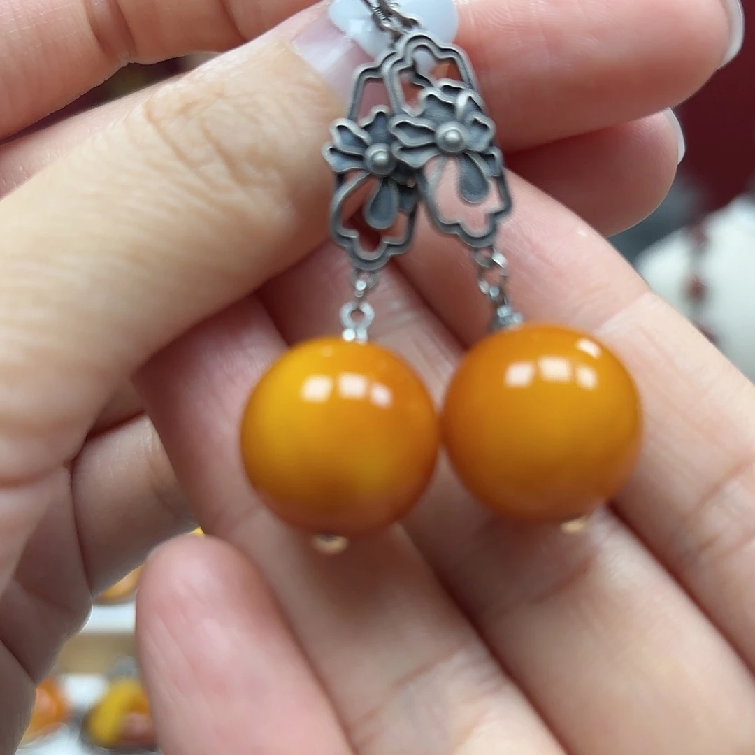 琥珀裸石银S925镶嵌5耳坠