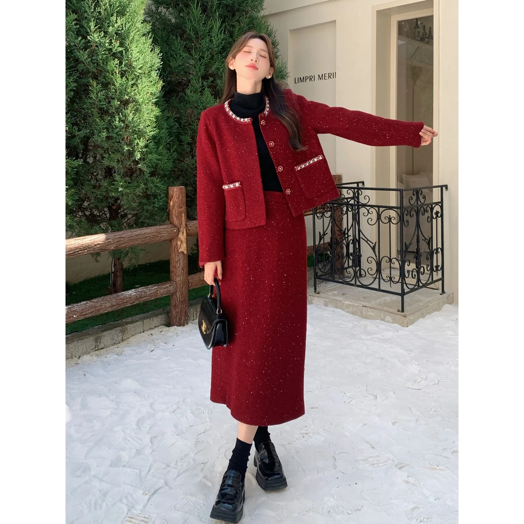 红色毛呢小香风时尚套装女2025年秋冬季新款时尚洋气半身裙两件套