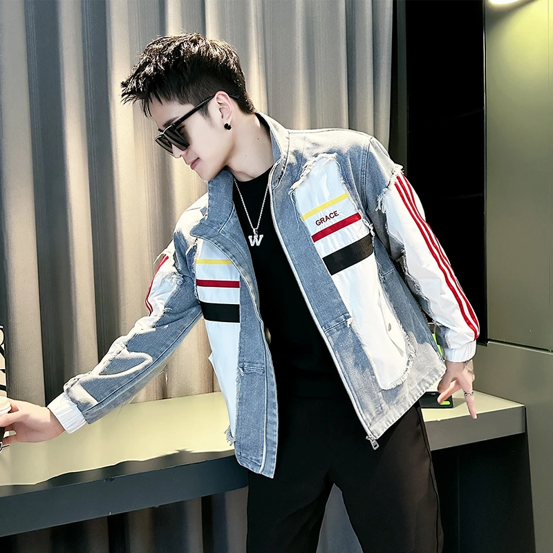 外套男款春秋季2025新款高级感网红洋气炸街男装条纹牛仔立领夹克
