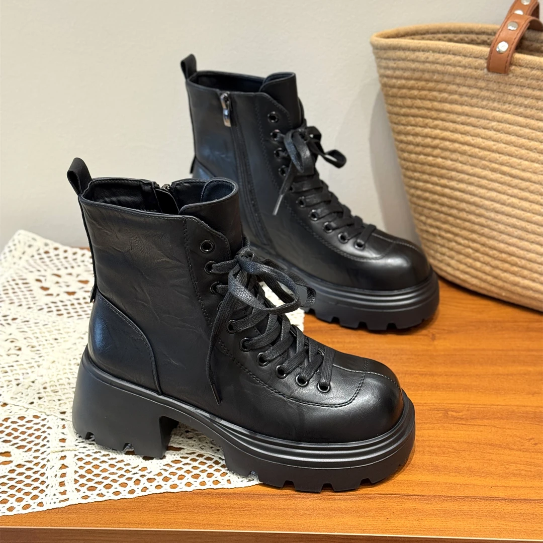英伦风小个子厚底系带短靴女2025新款秋季复古甜酷百搭炸街机车靴
