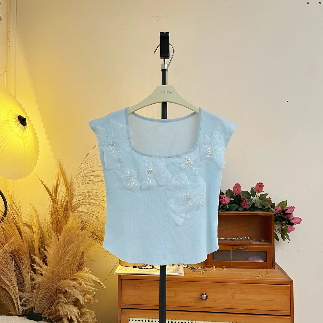LHTE青青大码女装  夏款蓝色针织无袖甜美花朵方领小衫C7809蓝色