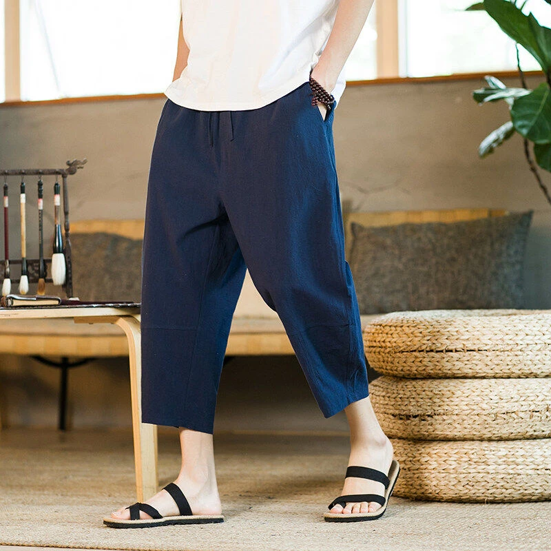 休闲小脚七分裤男士棉麻哈伦裤中国风男装夏季薄款大码宽松运动裤