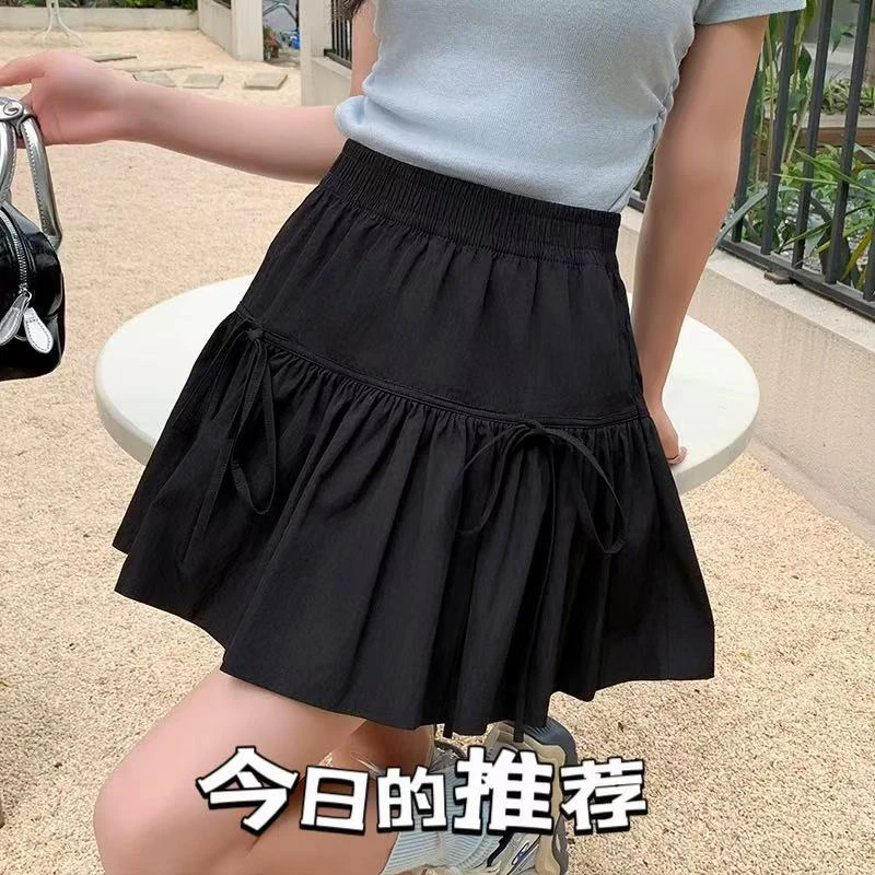 春季胖MM蝴蝶结系带短裙高腰蛋糕裙半身裙防走光A字裙1139