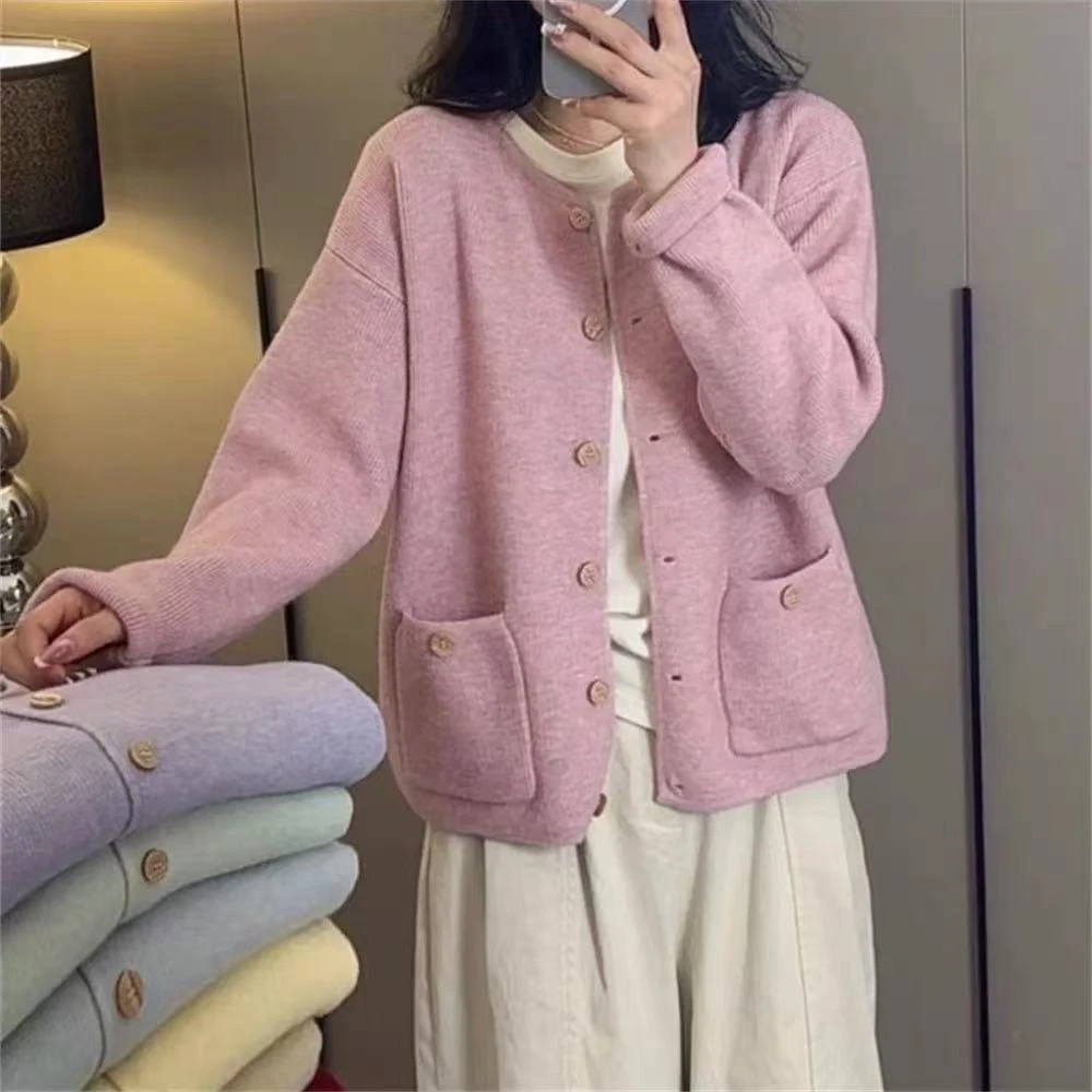 法式小香风2025针织开衫女韩系圆领单排扣宽松显瘦百搭外套