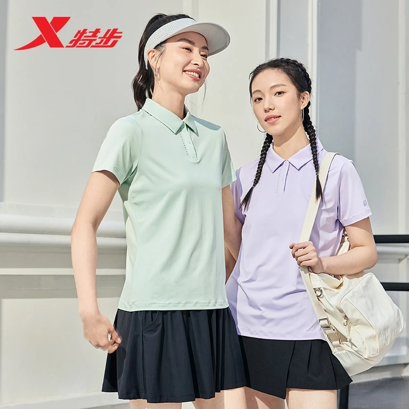 特步冰丝POLO衫女士2025年夏季新款训练半袖短袖园领T恤运动上衣