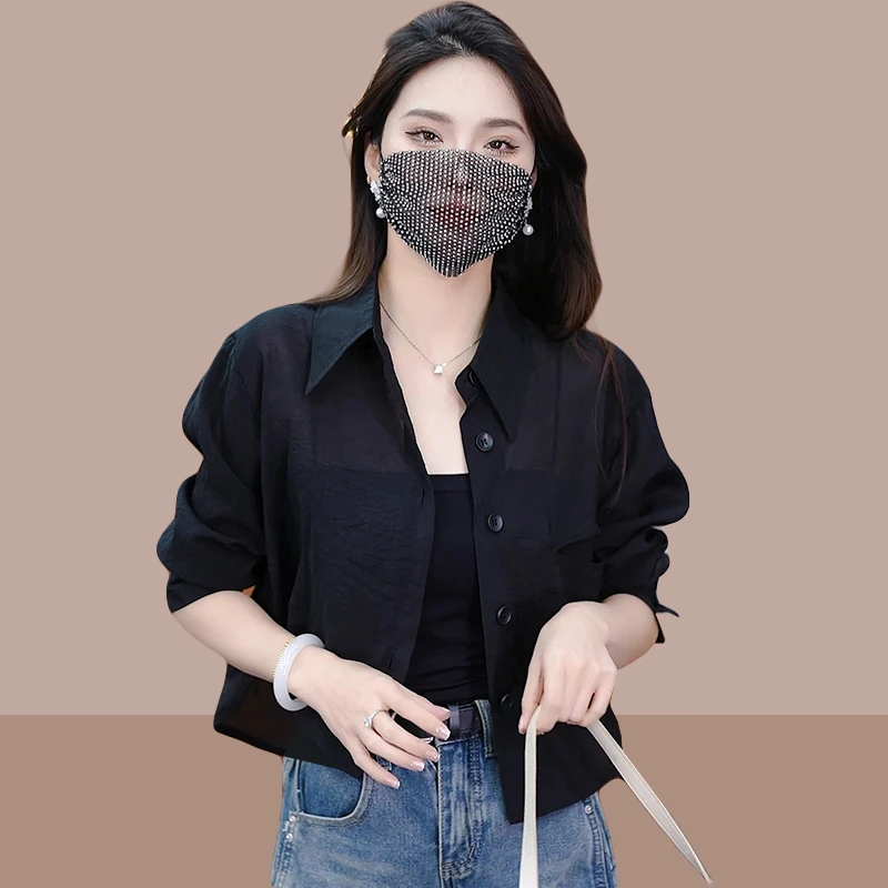 黑色防晒衬衫女款2025夏季新款高级感polo领休闲薄款衬衣上衣