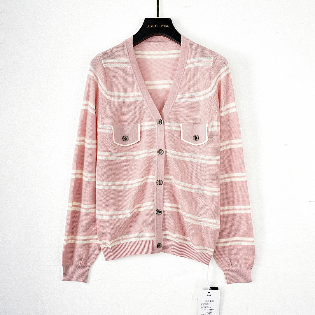 【春季上新】C8017红色潮流时尚条纹撞色百搭经典减龄V领针织开衫