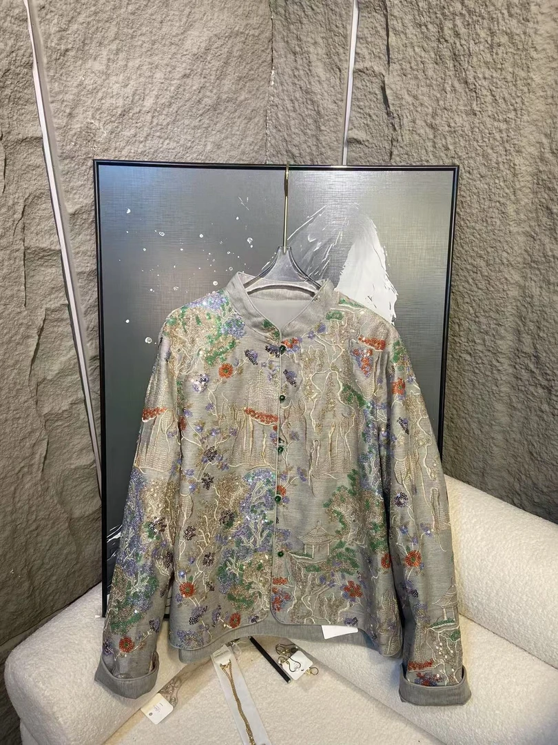 【深圳南油二姐】新中式国风设计师款印花圆领网红复古外套