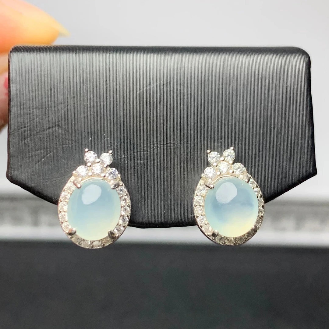 翡翠耳饰925银天然翡翠A货冰种耳钉正品翡翠冰种耳钉礼物女