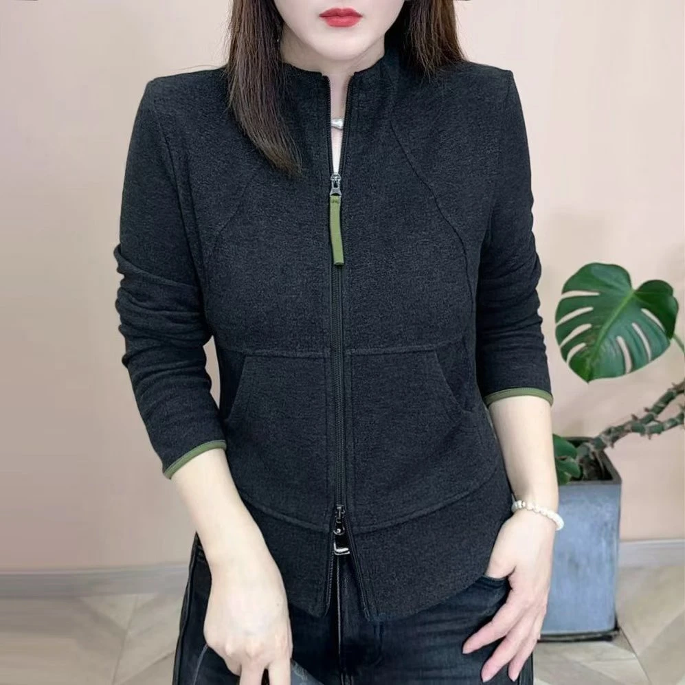 2025秋季新品时尚百搭修身显瘦洋气双拉链设计感女士长袖上衣8195