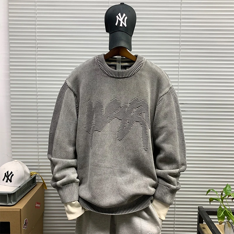 圆领毛衣男秋冬新款潮牌美式重磅宽松百搭纯色休闲保暖内搭针织衫