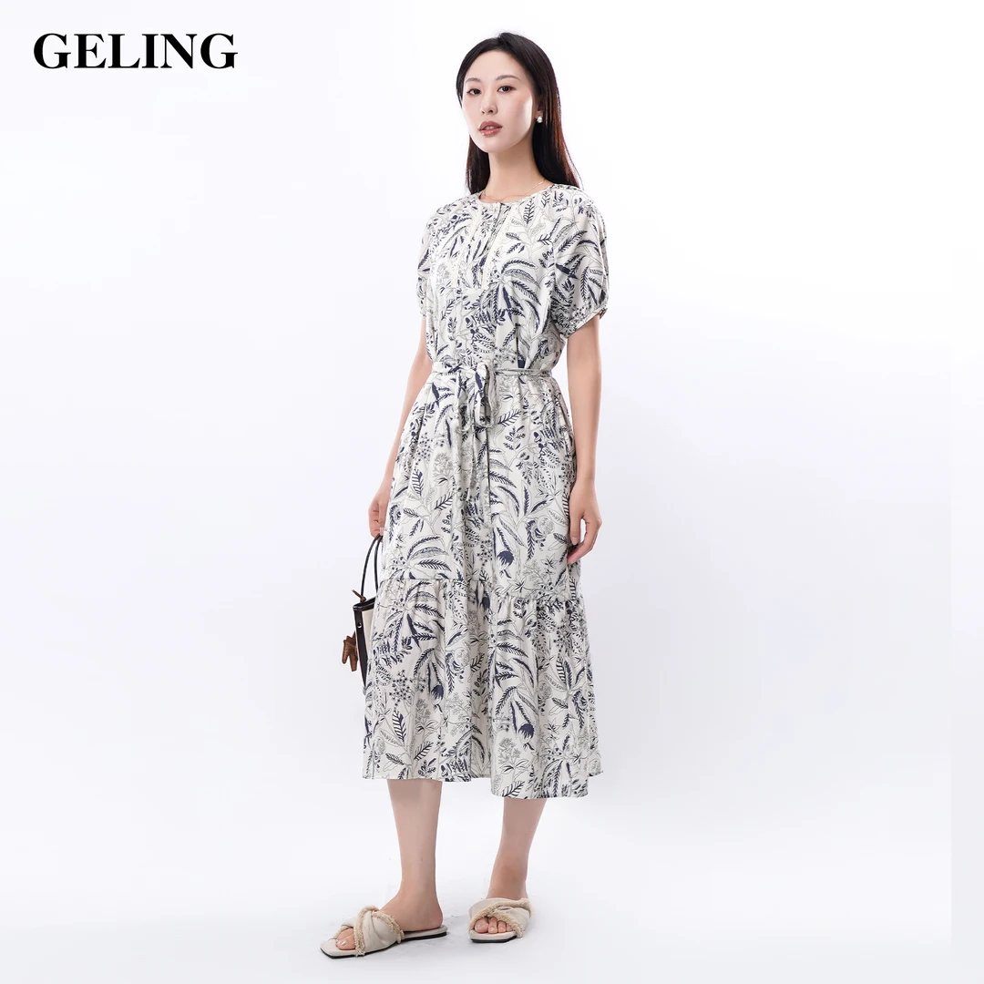 GELING/歌&玲夏季100天丝印花连衣裙时尚法式度假长裙G505L405L