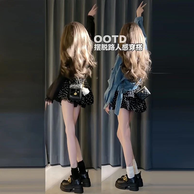 2025早秋新款复古贴皮短款牛仔外套女纯欲风波点抹胸连衣裙两件套