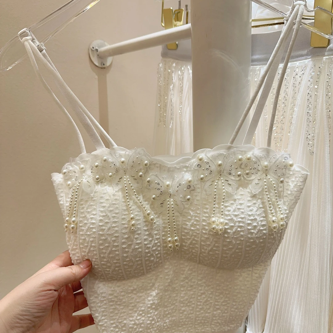 艾日秀甜辣风2025轻奢洋气网红爆款珍珠流苏花边抹胸吊带女E8729