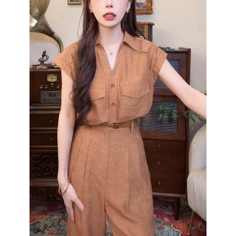 复古港风巨好看的夏装套装2025夏季新款无袖衬衫+阔腿裤两件套潮