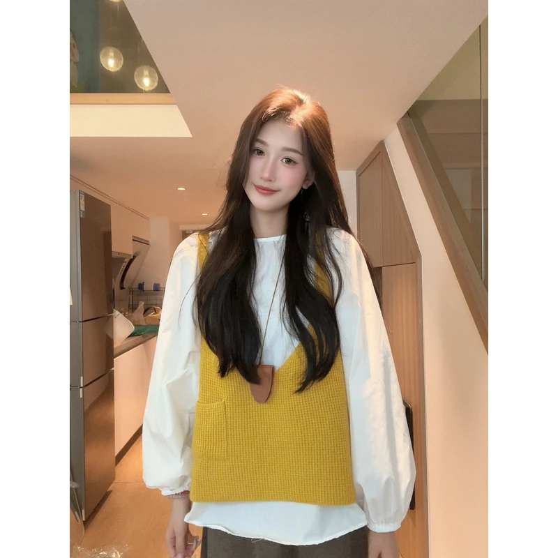 韩系chic叠穿毛衣吊带女宽松外穿针织背心网红百搭休闲小马甲套装