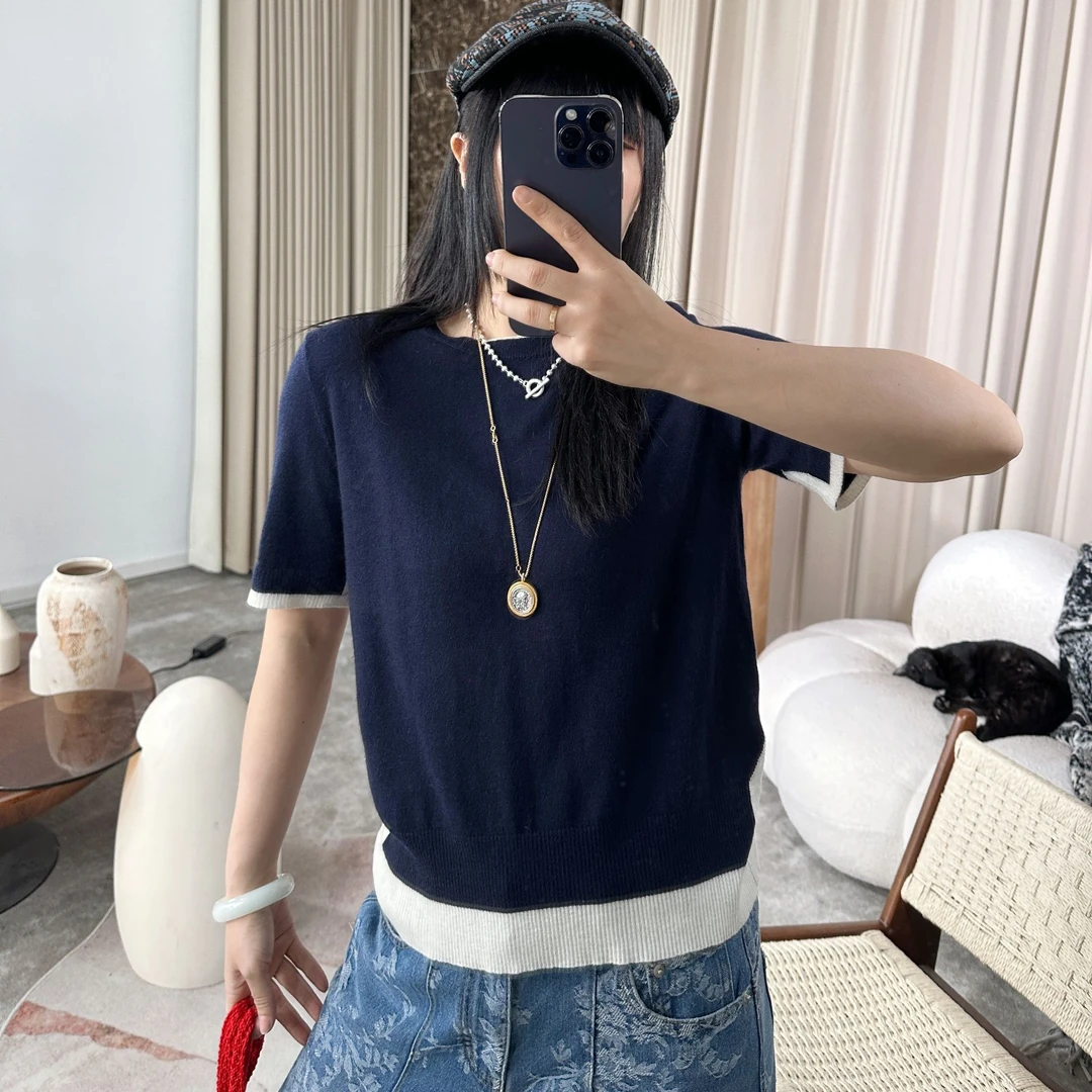 infobyfive2025夏季新款拼色撞色藏蓝圆领短袖针织衫NF0503168