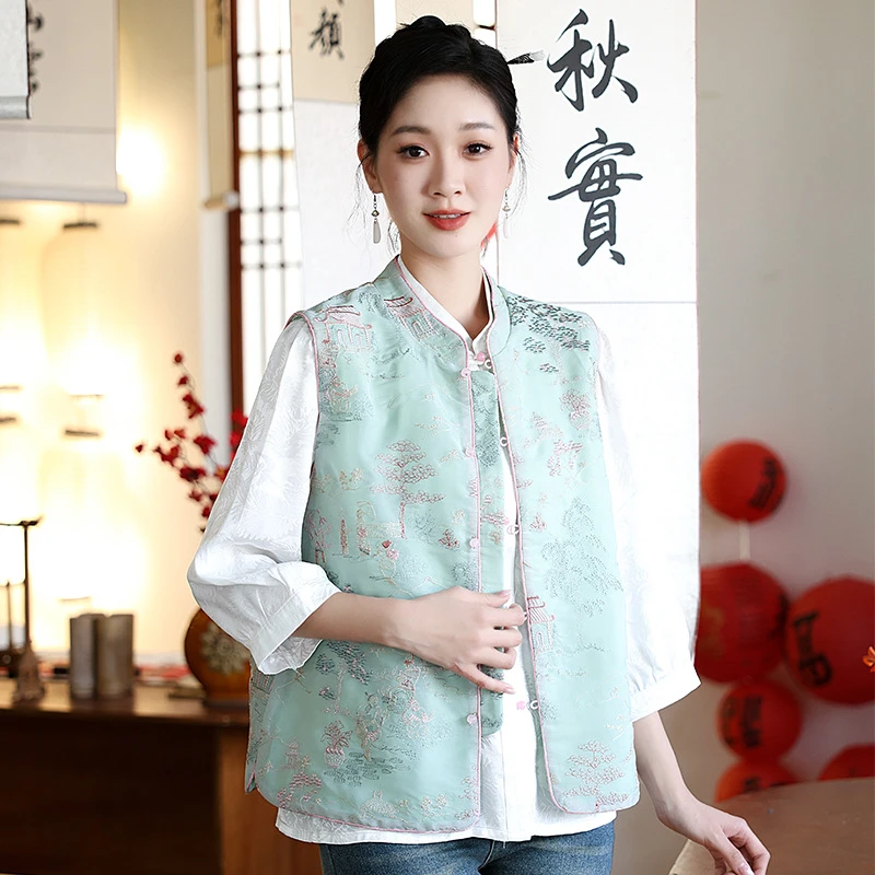 亭台楼阁国风刺绣马甲女春秋新款宋锦中式上衣外穿马夹坎肩外套潮
