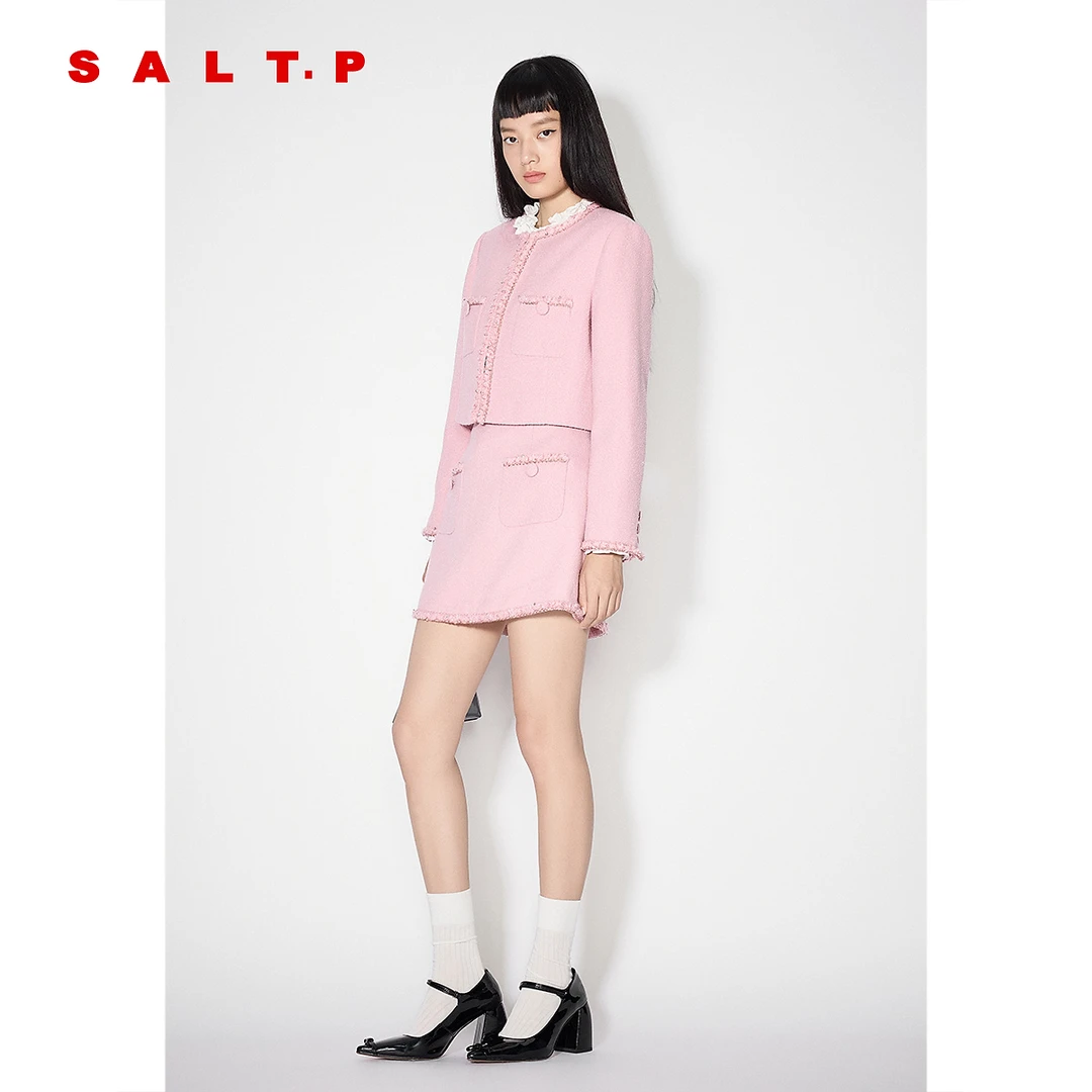 SALT.P可颜烟灰粉花纱圆领颗粒感小香风短款外套女2025春新款