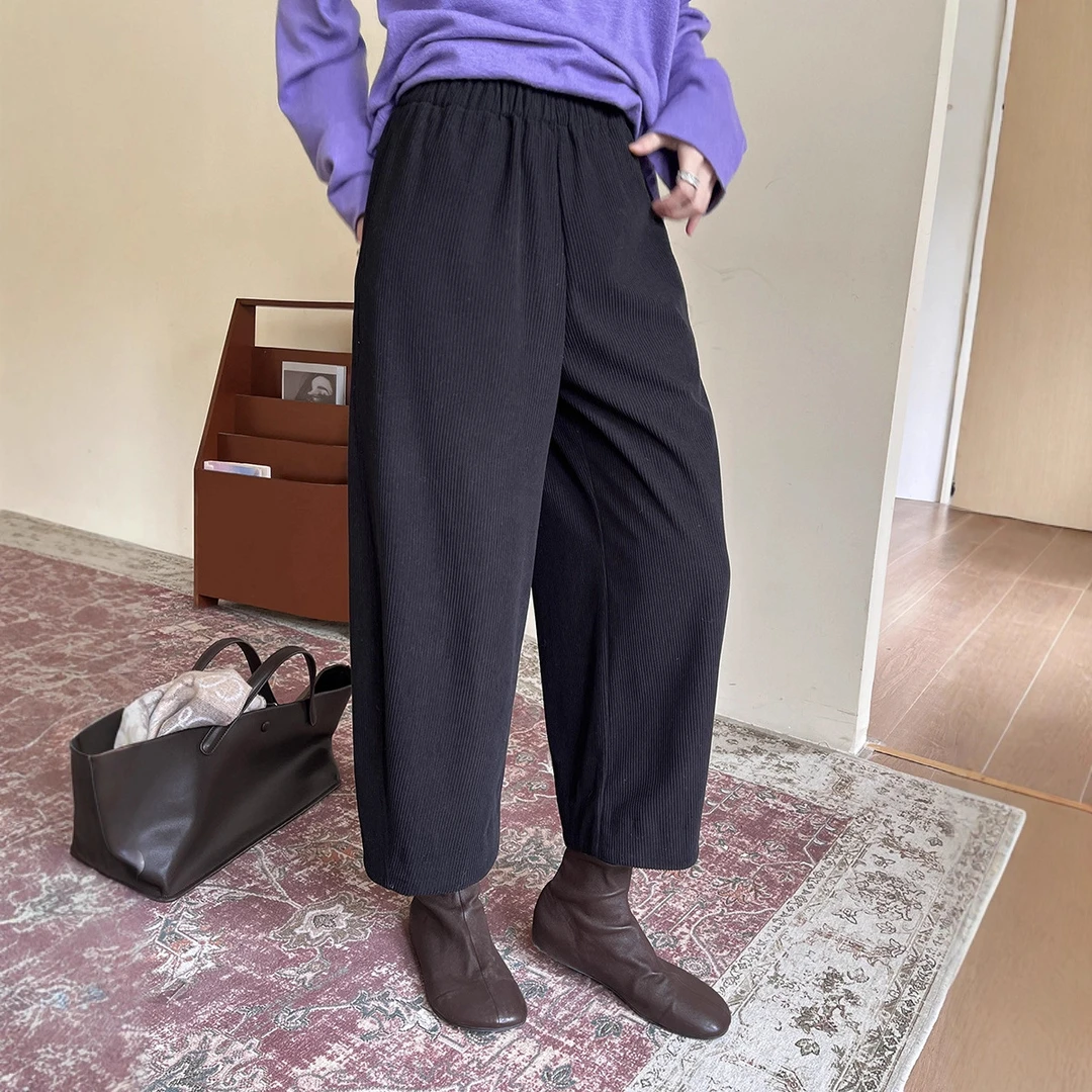 冬法式重工解构磨毛灯芯绒廓形香蕉休闲裤宽松条纹九分直筒阔腿裤