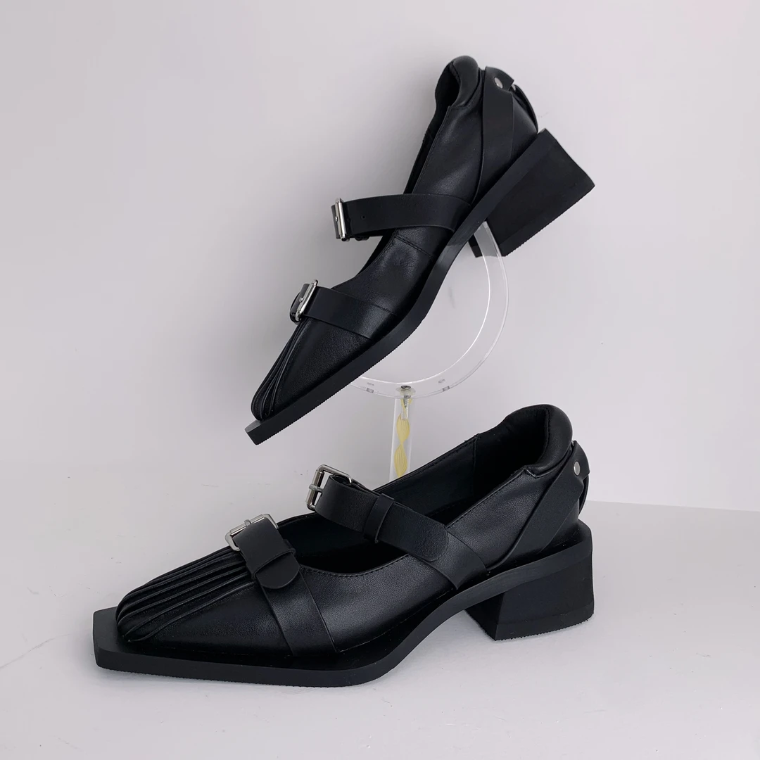 黑色方头粗跟复古皮带扣玛丽珍7135-29