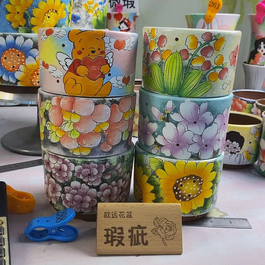 @***忧紫砂花盆红陶手绘花盆