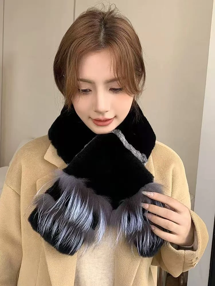 韩国真雷克斯兔毛皮围巾秋冬优雅拼接狐狸毛皮围巾温暖加厚双面交